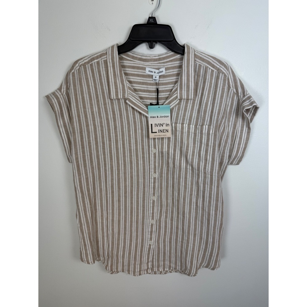NWT Alex & Jordan Women's Tan White Striped Linen Blend Button Down Shirt Size M